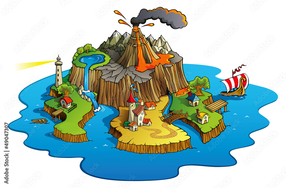 Naklejka premium Wonder island with town and villages, vector