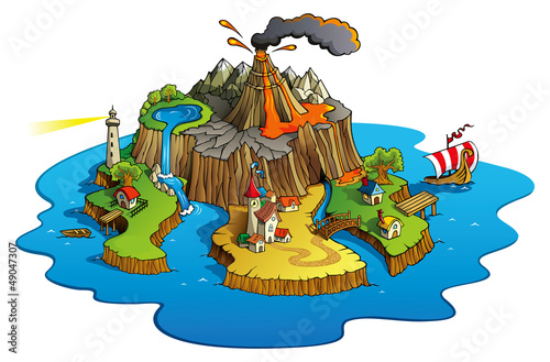 Wonder island with town and villages, vector