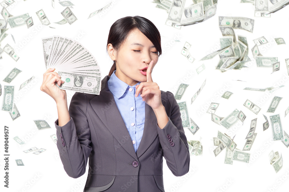 woman finger on lips asking quiet with money woman finger on lips asking quiet with money