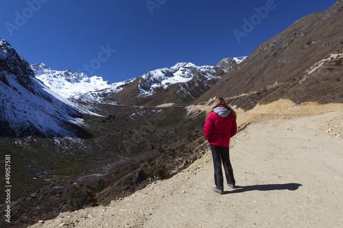 Konstfotografi Woman enjoying view of Tsopta Valley, North Sikkim.