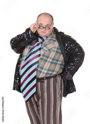 Obese man with an outrageous fashion sense