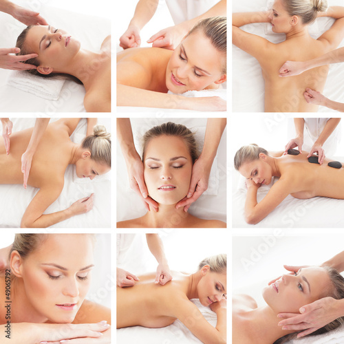A collage of spa images with women laying on massage