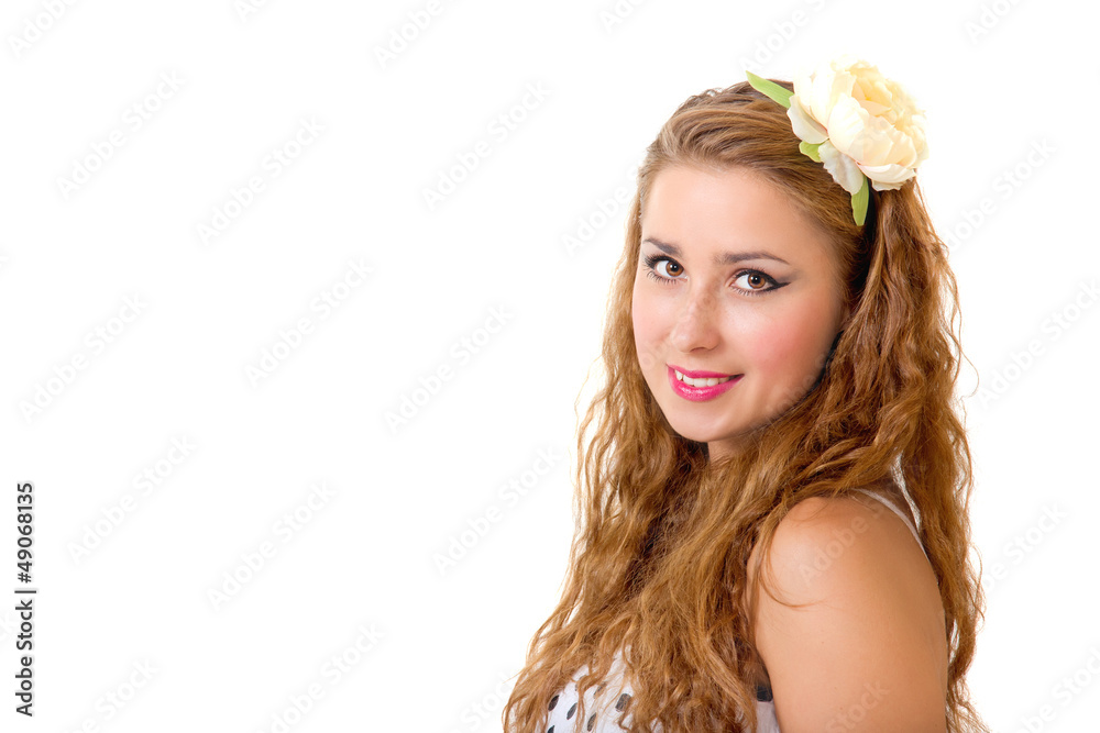 Pretty pin up girl with flower in her long curly hair Pretty pin up girl with flower in her long curly hair