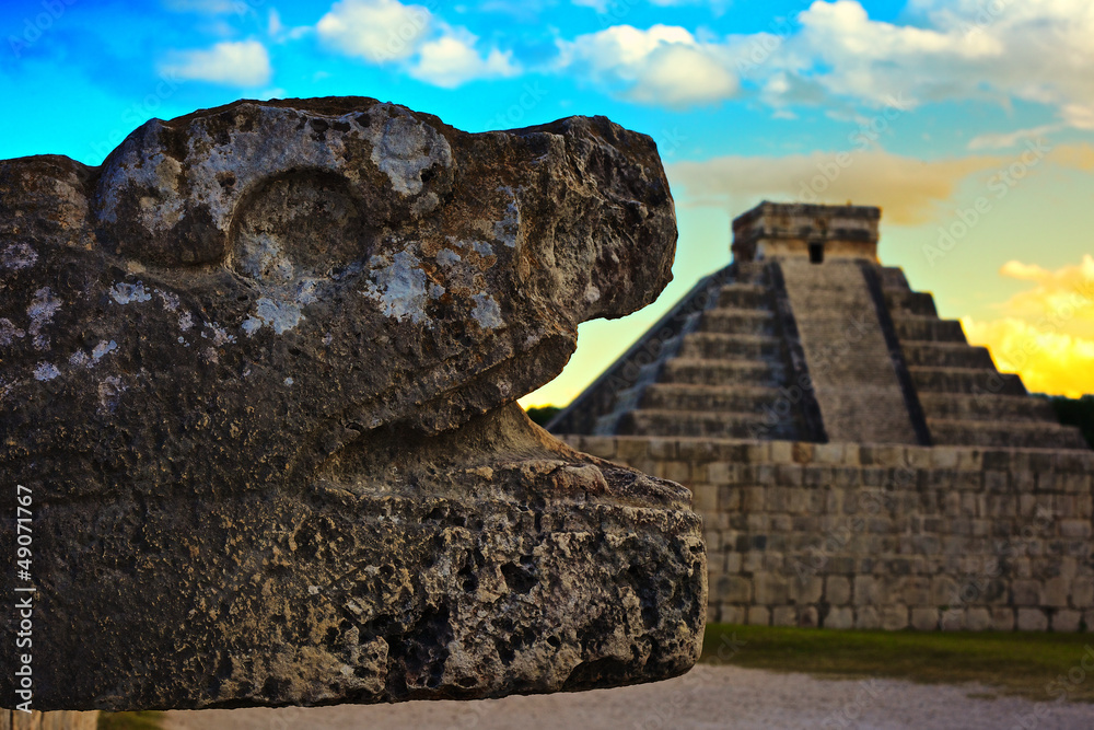 Snake Head and Pyramid of Chichen Itza Stock Photo | Adobe Stock