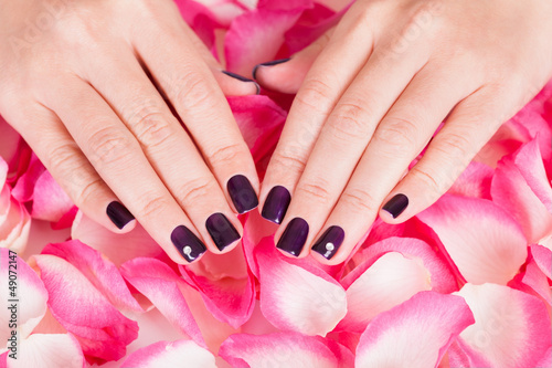 Woman with beautiful nails holding petals