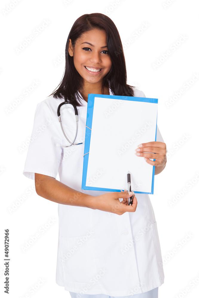 Female Doctor Presenting Clipboard Female Doctor Presenting Clipboard