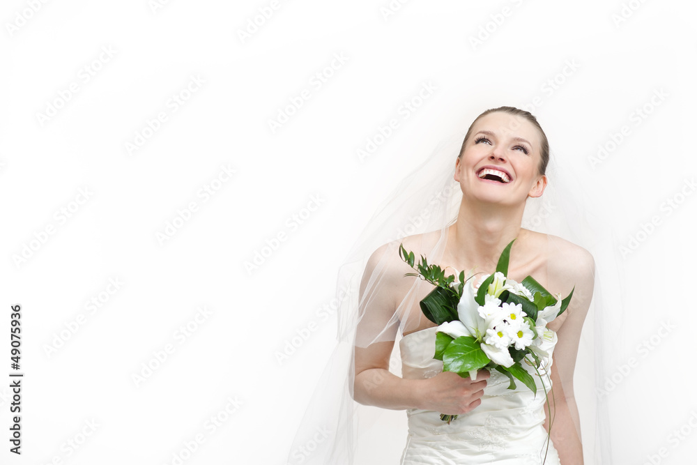 Portrait of beautiful bride - wedding dress and flowers