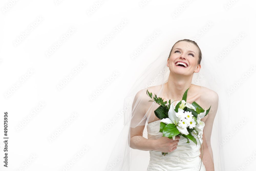 Portrait of beautiful bride - wedding dress and flowers Portrait of beautiful bride - wedding dress and flowers