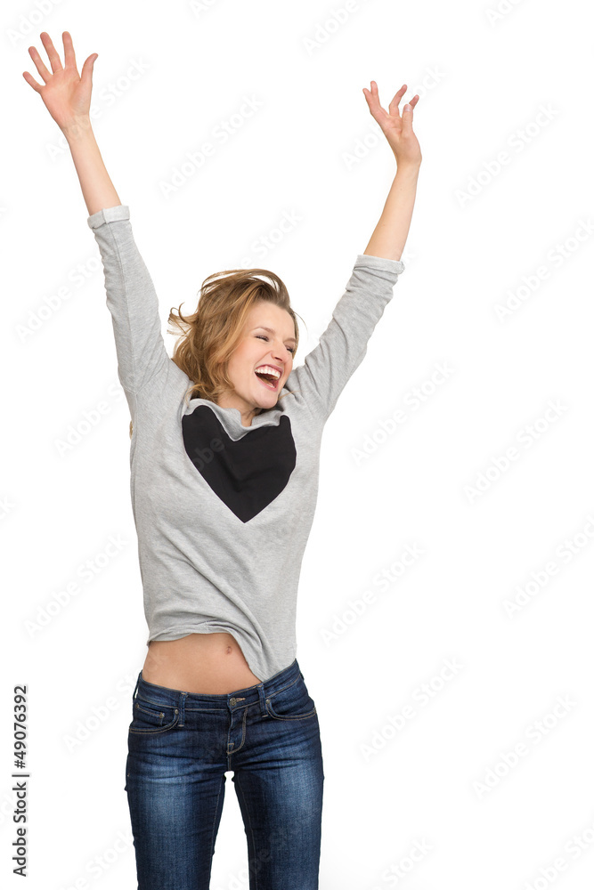 Jumping woman and smiling happy portrait with symbol of heart Jumping woman and smiling happy portrait with symbol of heart