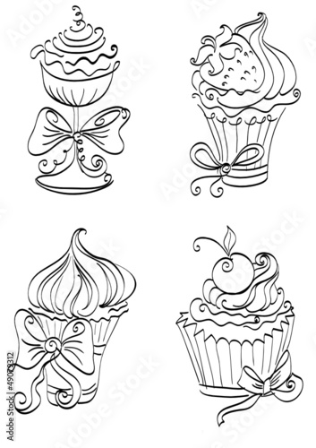 Vector hand drawing set of cute sweet cupcakes