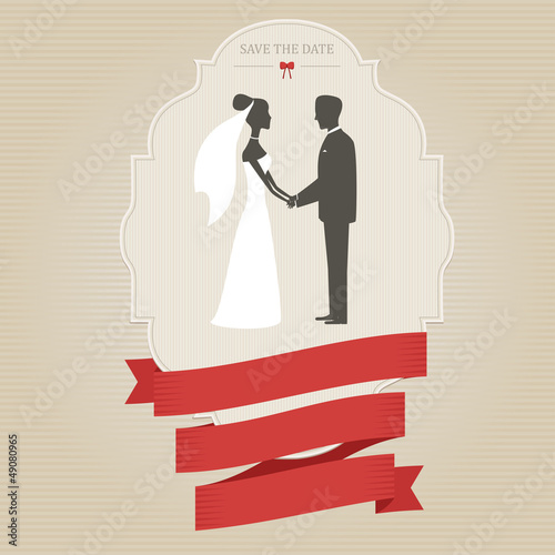 Vintage wedding invitation with bride and groom holding hands
