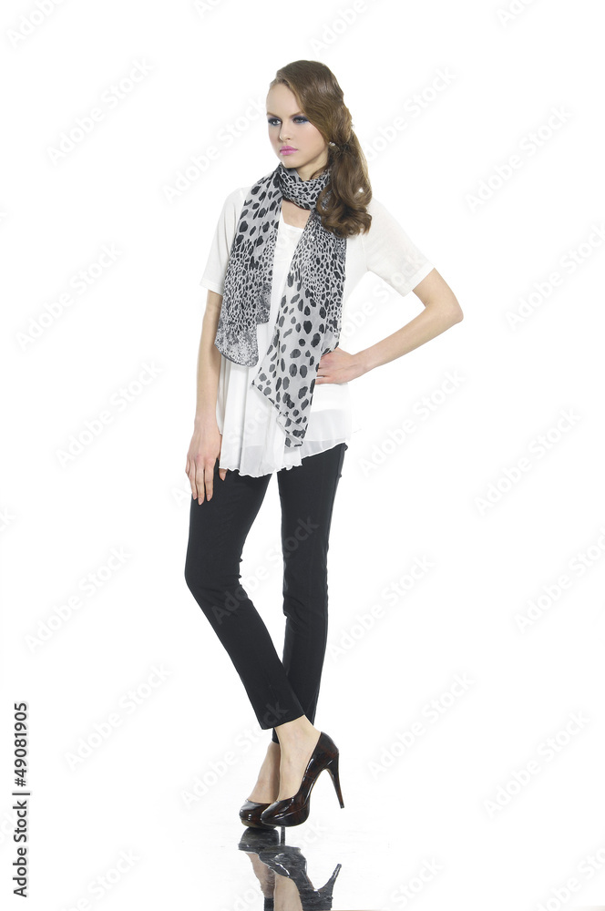 young woman in casual clothes with scarf posing young woman in casual clothes with scarf posing