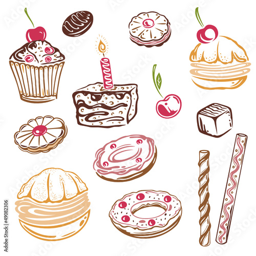 Geburtstag, Kaffee, Kuchen, Süßigkeiten, vector set