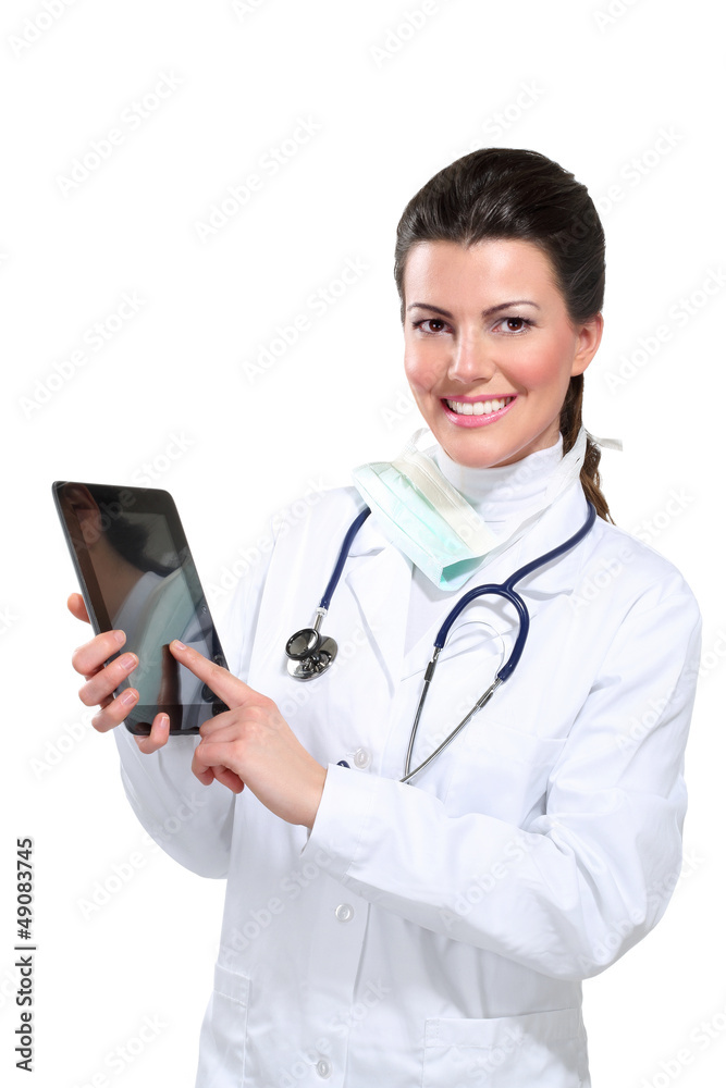Young beautiful  woman doctor with tablet