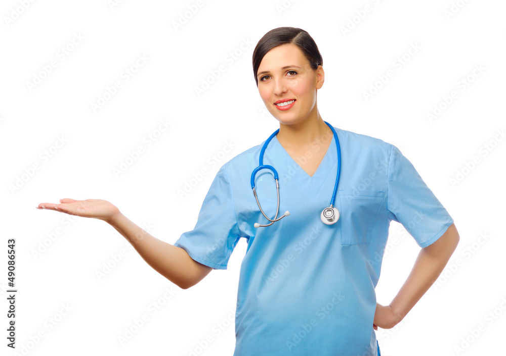Young successful doctor shows welcome gesture Young successful doctor shows welcome gesture