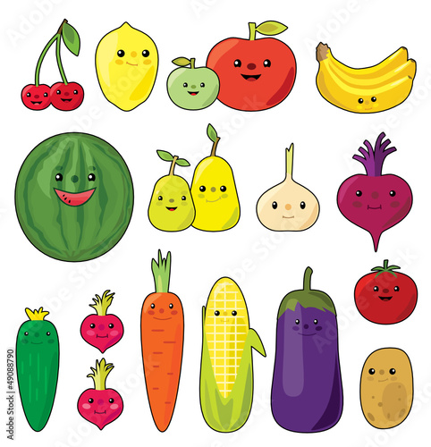 Fruit & vegetable kawaii vector set