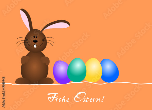 Niedlicher Hase mit Eiern auf Orange