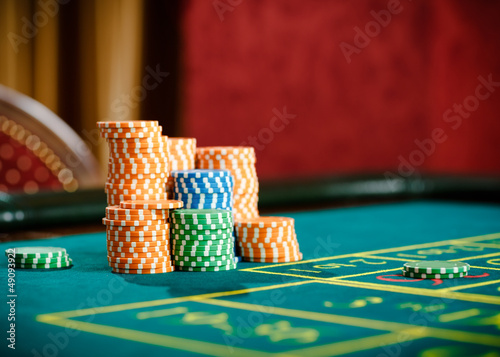 Close up of piles of chips on the roulette table