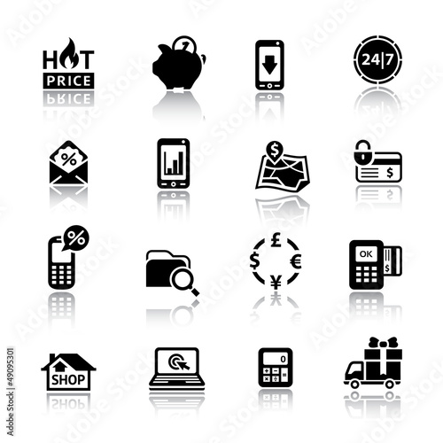 Shopping Icons black with reflection