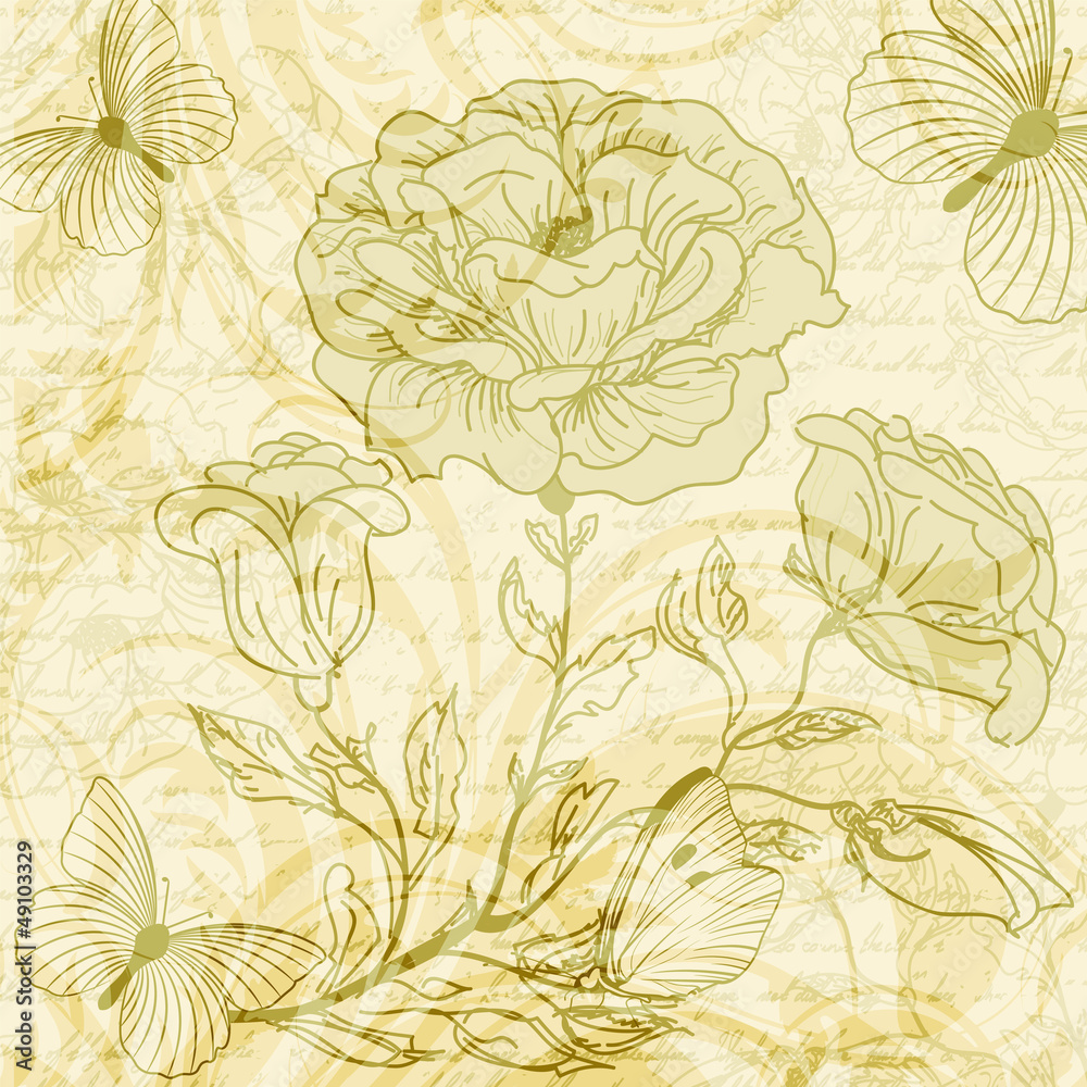 Grungy retro background with roses and butterflies Grungy retro background with roses and butterflies
