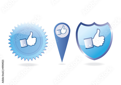 Retro Like/Thumbs Up symbol on stamp, shield, location arrow
