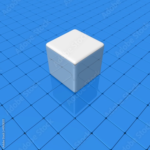 Gray cube on a smooth blue surface