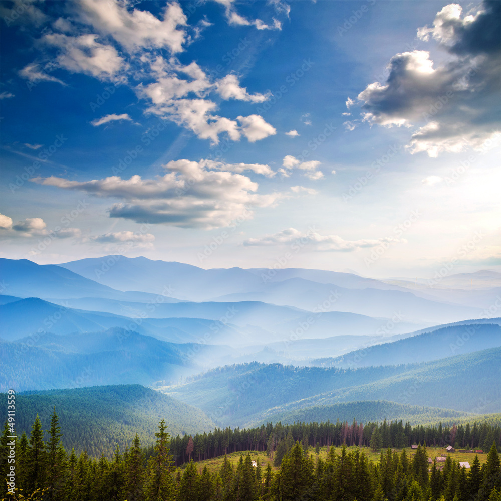 View of misty fog mountains in autumn View of misty fog mountains in autumn