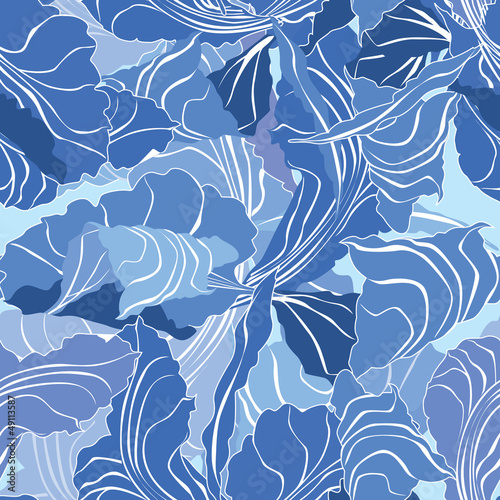 Abstract blue floral background. Wavy seamless pattern