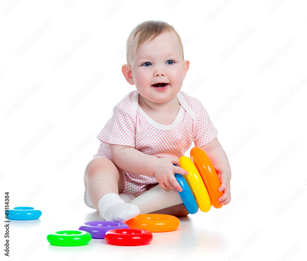 cheerful child playing with colorful toy isolated on white cheerful child playing with colorful toy isolated on white
