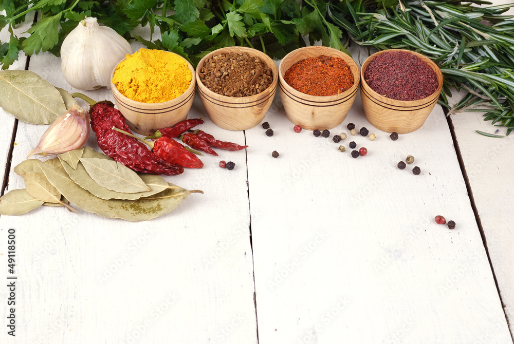 Different kinds of seasonings and herbs