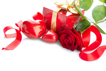 Valentines Hearts, Rose Flower and Gift Box isolated on white