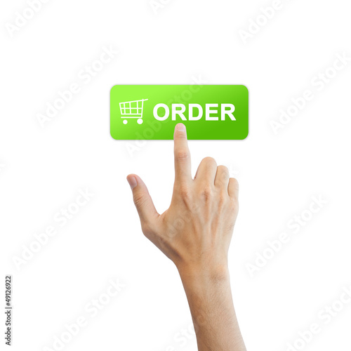 Order button with real hand isolated on white background