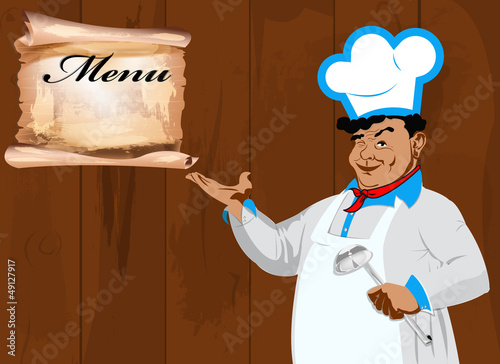 Funny Chef and menu restaurant.Best food for gourmet