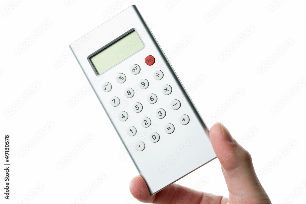 man holding calculator isolated on white background man holding calculator isolated on white background