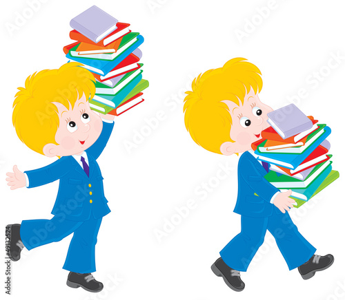 Schoolkid holding a stack of books