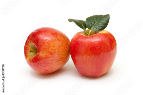 Red apples fruit with leafs on white background