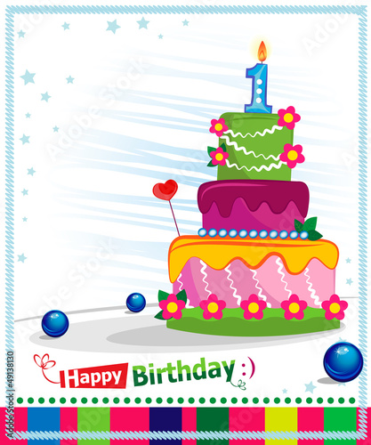 First Birthday Cake. Children postcard. Day of birth.