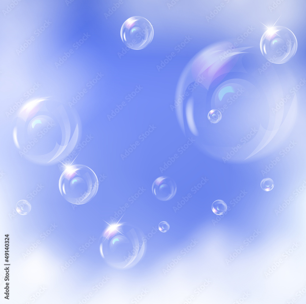 Vector realistic bubbles against blue sky background.