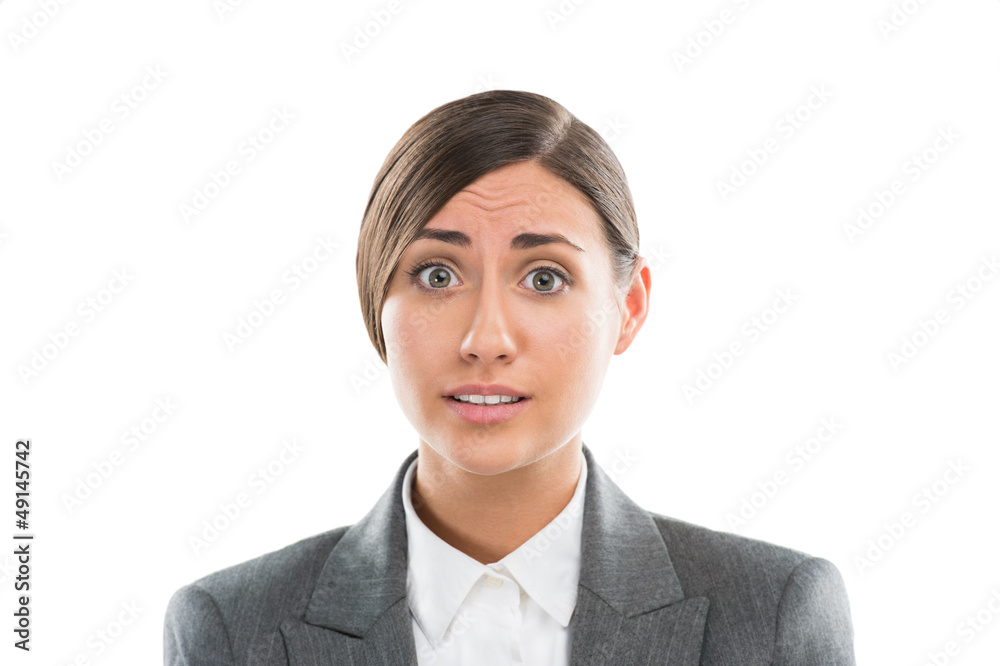 Portrait of shocked and confused business woman on white backgro Portrait of shocked and confused business woman on white backgro