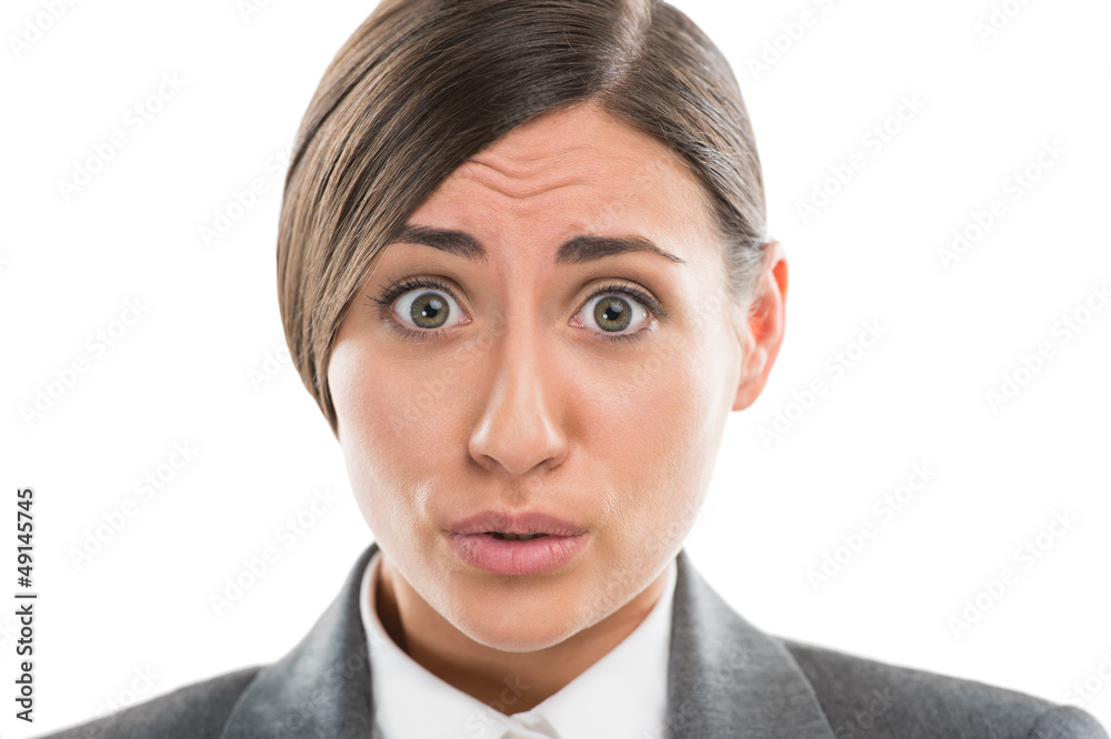 Portrait of shocked and confused business woman on white backgro Portrait of shocked and confused business woman on white backgro
