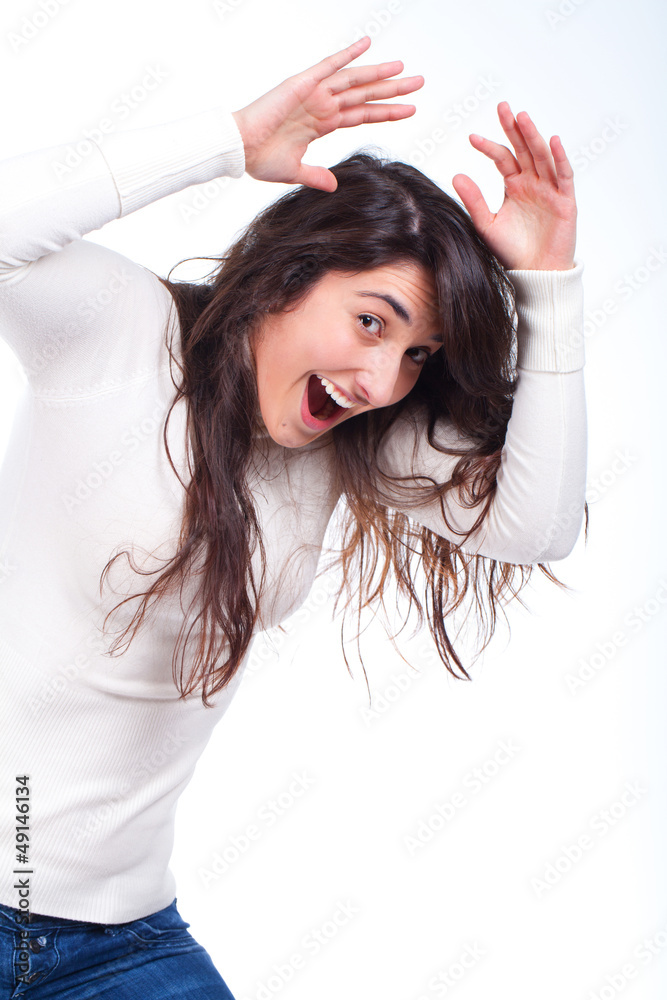 Fototapeta premium woman with her arms up and screaming