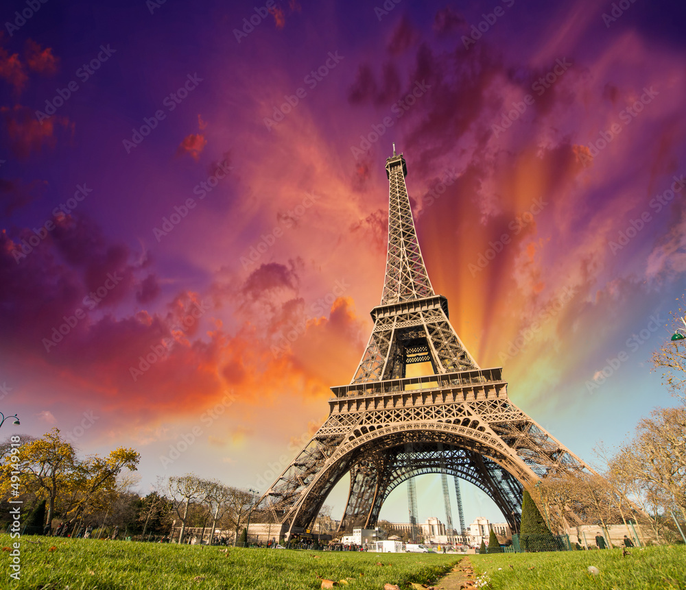 Fototapeta Wonderful view of Eiffel Tower in Paris. La Tour Eiffel with sun #49149918
