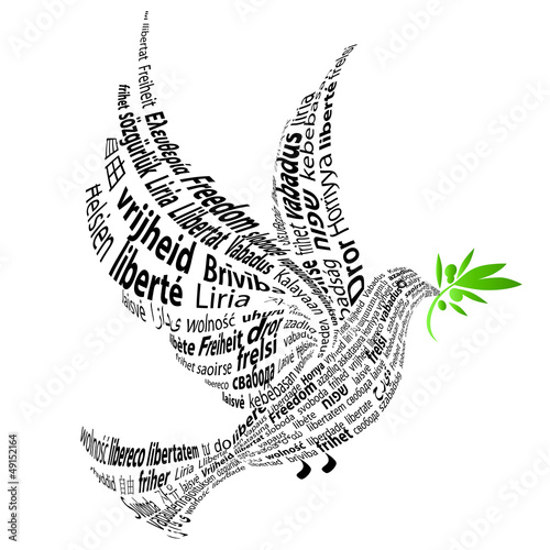 Black Dove with the word "Freedom" in all languages