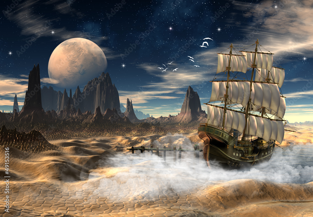 Sailing Ship In A Desert - Fantasy Scene - obrazy, fototapety, plakaty 