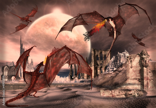 Fantasy Scene With Fighting Dragons