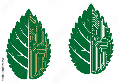 Green leaf with computer and motherboard elements