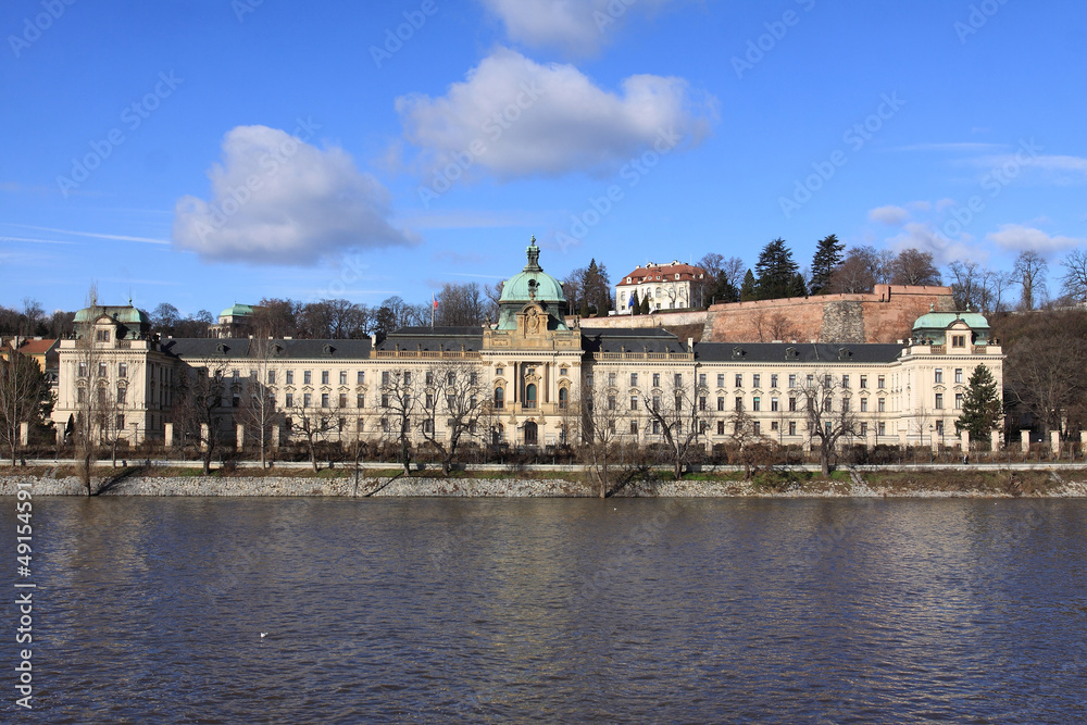 Winter Prague Office of Government above River Vltava