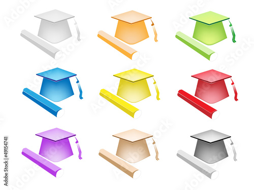 Colorful Illustration Set of Diploma and Graduation Hat