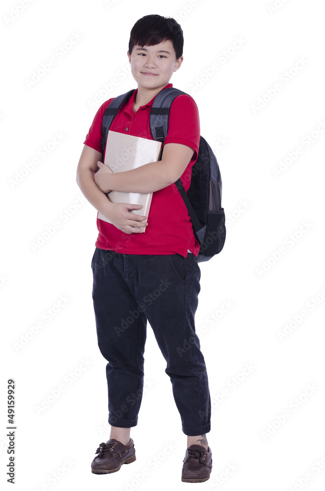 Fototapeta premium Smiling teenager with a schoolbag standing with white background