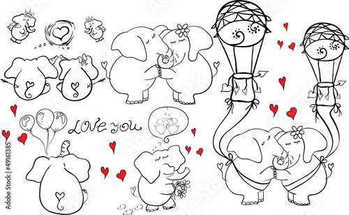 outline doodle childlike elephants couple in love